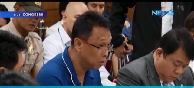 Former PO3 Engelberto Durano testifies at the House Committee on Justice hearing on what he knows of the illegal drug trade at the national penitentiary. Durano told lawmakers that he personally delivered P1.5 million in cash to former Justice Secretary Leila De Lima. (Eagle News Service)