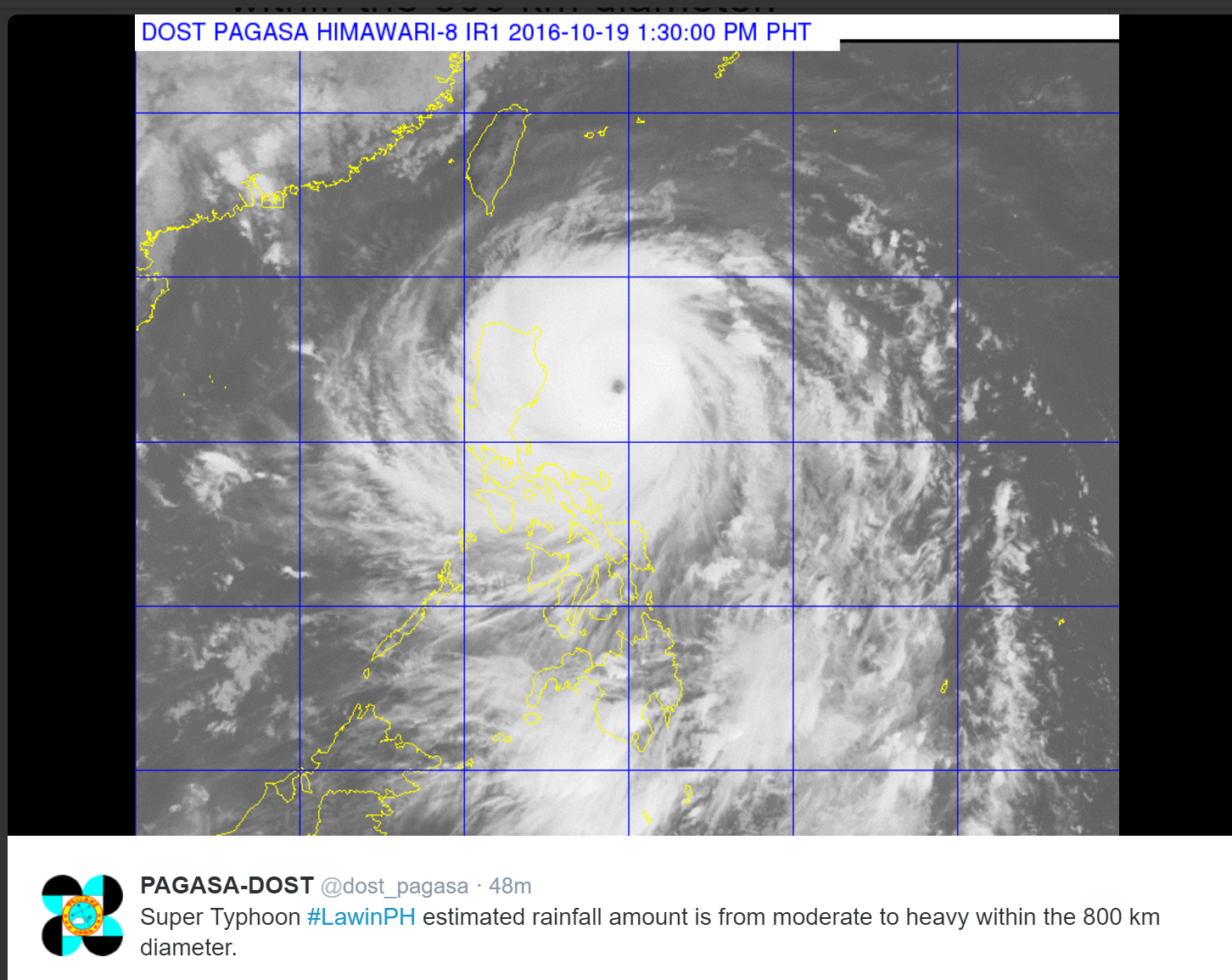 Satellite image of supertyphoon Lawin (international name Haima) as it barrels towards northern Luzon. (Satellite photo courtesy PAGASA-DOST)