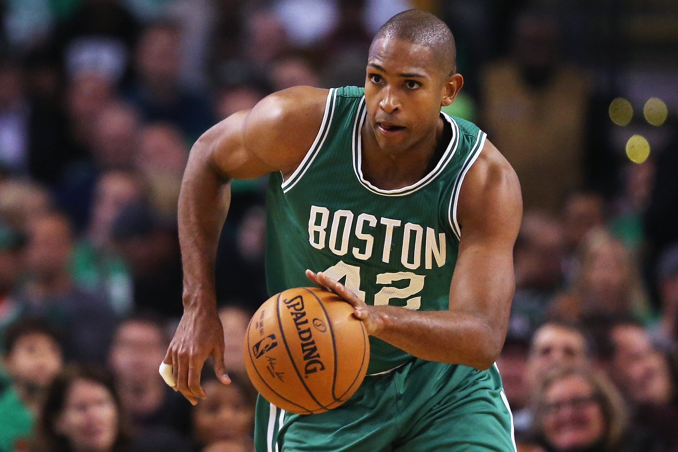 BOSTON, MA - OCTOBER 26: Al Horford #42 of the Boston Celtics drives against the Brooklyn Nets during the first quarter at TD Garden on October 26, 2016 in Boston, Massachusetts. NOTE TO USER: User expressly acknowledges and agrees that, by downloading and/or using this photograph, user is consenting to the terms and conditions of the Getty Images License Agreement.   Maddie Meyer/Getty Images/AFP