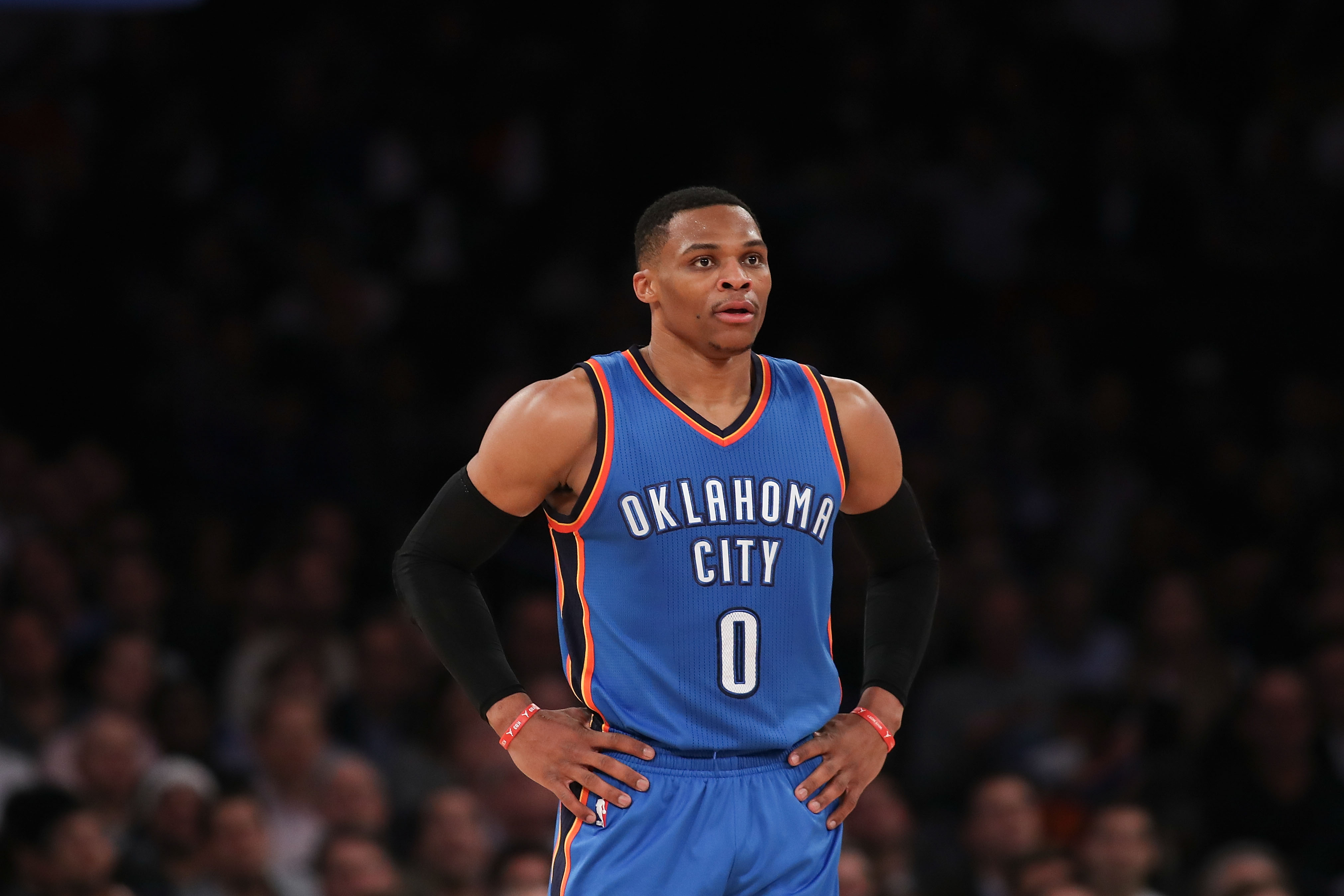 NEW YORK, NY - NOVEMBER 28: Russell Westbrook #0 of the Oklahoma City Thunder looks on against the New York Knicks during the first half at Madison Square Garden on November 28, 2016 in New York City. NOTE TO USER: User expressly acknowledges and agrees that, by downloading and or using this photograph, User is consenting to the terms and conditions of the Getty Images License Agreement.   Michael Reaves/Getty Images/AFP