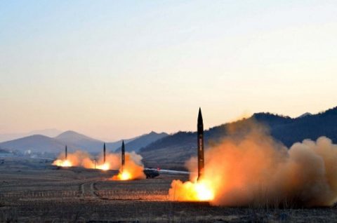 This undated picture released by North Korea's Korean Central News Agency (KCNA) via KNS on March 7, 2017 shows the launch of four ballistic missiles by the Korean People's Army (KPA) during a military drill at an undisclosed location in North Korea. Nuclear-armed North Korea launched four ballistic missiles on March 6 in another challenge to President Donald Trump, with three landing provocatively close to America's ally Japan. / AFP PHOTO / KCNA VIA KNS / STR / South Korea OUT / REPUBLIC OF KOREA OUT ---EDITORS NOTE--- RESTRICTED TO EDITORIAL USE - MANDATORY CREDIT "AFP PHOTO/KCNA VIA KNS" - NO MARKETING NO ADVERTISING CAMPAIGNS - DISTRIBUTED AS A SERVICE TO CLIENTS THIS PICTURE WAS MADE AVAILABLE BY A THIRD PARTY. AFP CAN NOT INDEPENDENTLY VERIFY THE AUTHENTICITY, LOCATION, DATE AND CONTENT OF THIS IMAGE. THIS PHOTO IS DISTRIBUTED EXACTLY AS RECEIVED BY AFP. /