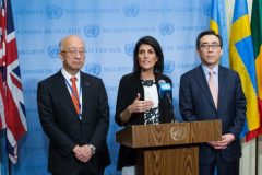 U.S. Permanent Representative to the United Nations Ambassador Nikki Haley (C) speaks to the media next to Permanent Representative of Japan to the United Nations Ambassador Koro Bessho, (L) and Permanent Representative of the Republic of Korea to the United Nations Ambassador Cho Tae-yul after taking part in the UN Security Council consultations on North Korea's recent missile launches on March 8, 2017 at United Nations headquarters in New York.  / AFP PHOTO / EDUARDO MUNOZ ALVAREZ