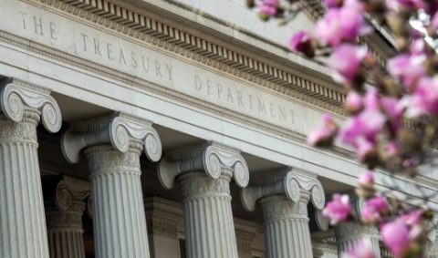 (FILES) This file photo taken on March 10, 2016 shows the US Treasury Department building in Washington, DC. The US Treasury hit 11 North Korean business representatives and an industrial firm with sanctions on March 31, 2017, seeking to further isolate the country's economy for pursuing nuclear weapons. Most of the officials were based in China and Russia for companies the Treasury said acquire materials, technology and financial support for North Korea's defense industry. / AFP PHOTO / Andrew Caballero-Reynolds