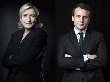 (COMBO) This combination of pictures created on April 03, 2017 shows French presidential election candidates, the president of the French far-right Front National (FN) party Marine Le Pen (L), and En Marche ! centrist movement leader Emmanuel Macron posing during recent photo sessions in Paris. Macron has gone from strength to strength with the latest poll putting him neck-and-neck with far-right leader Marine Le Pen with 26 percent to 25,5 percent for her, according to the Ifop-Fiducial poll out on March 29, 2017. / AFP PHOTO / JOEL SAGET AND Eric FEFERBERG