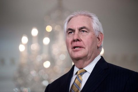 (FILES) This file photo taken on March 23, 2017 shows US Secretary of State Rex Tillerson prior to a meeting with Saudi Foreign Minister Adel al-Jubeir at the State Department in Washington, DC. US Secretary of State Rex Tillerson will make his first visit to Moscow next week, Russia's foreign ministry said on April 5, 2017, as the Kremlin looks to improve ties with Donald Trump's administration. The ministry said the visit on April 11-12 would include talks with counterpart Sergei Lavrov covering international security, including the fight against Islamic State and conflicts in Syria and Ukraine. / AFP PHOTO / NICHOLAS KAMM