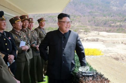 This undated picture released from North Korea's official Korean Central News Agency (KCNA) on April 14, 2017 shows North Korean leader Kim Jong-Un (R) inspecting the "Dropping and Target-striking Contest of KPA Special Operation Forces - 2017" at an undisclosed location in North Korea. North Korean leader Kim Jong-Un has overseen a special forces commando operation, state media said on April 13, as tensions soar with Washington over Pyongyang's nuclear programme. / AFP PHOTO / KCNA VIA KNS / STR / South Korea OUT / REPUBLIC OF KOREA OUT   ---EDITORS NOTE--- RESTRICTED TO EDITORIAL USE - MANDATORY CREDIT "AFP PHOTO/KCNA VIA KNS" - NO MARKETING NO ADVERTISING CAMPAIGNS - DISTRIBUTED AS A SERVICE TO CLIENTS THIS PICTURE WAS MADE AVAILABLE BY A THIRD PARTY. AFP CAN NOT INDEPENDENTLY VERIFY THE AUTHENTICITY, LOCATION, DATE AND CONTENT OF THIS IMAGE. THIS PHOTO IS DISTRIBUTED EXACTLY AS RECEIVED BY AFP.  /