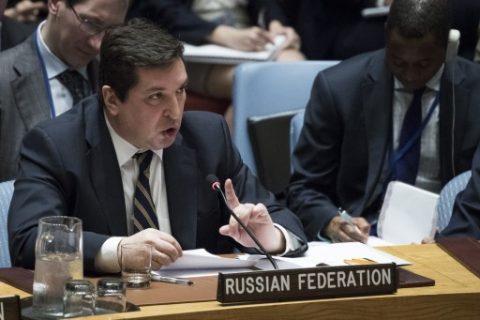 NEW YORK, NY - APRIL 5: Russian Deputy Permanent Representative to the United Nations Vladimir Safronkov speaks during a meeting of the United Nations Security Council at U.N. headquarters, April 5, 2017 in New York City. The Security Council is holding emergency talks on Wednesday following the worst use of chemical weapons in Syria since the Ghouta attack in 2013. Drew Angerer/Getty Images/AFP