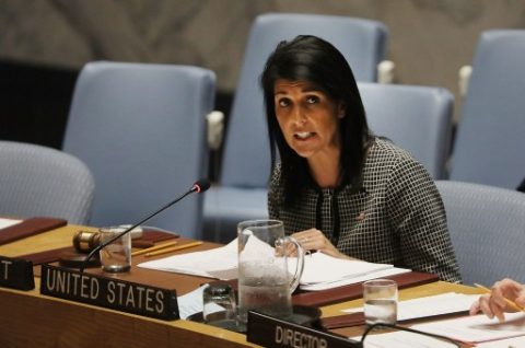 NEW YORK, NY - APRIL 12: U.S. Ambassador to the United Nations Nikki Haley speaks at a United Nations (UN) Security Council meeting on the situation in the Middle East where the ongoing conflict in Syria was discussed on April 12, 2017 in New York City. It is expected that the Security Council will vote later on Wednesday on a draft resolution demanding that theÊSyrian government cooperate with an investigation of the suspected chemical attack last week. Spencer Platt/Getty Images/AFP