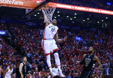 TORONTO, ON - APRIL 24: DeMar DeRozan #10 of the Toronto Raptors dunks the ball in the first half of Game Five of the Eastern Conference Quarterfinals against the Milwaukee Bucks during the 2017 NBA Playoffs at Air Canada Centre on April 24, 2017 in Toronto, Canada. NOTE TO USER: User expressly acknowledges and agrees that, by downloading and or using this photograph, User is consenting to the terms and conditions of the Getty Images License Agreement. Vaughn Ridley/Getty Images/AFP