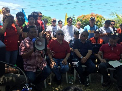 Mabini mayor Noel Luistro, and other Batangas officials led by Governor Hermilando Mandanas, hold a media briefing. (Meanne Corvera, Eagle News Service)