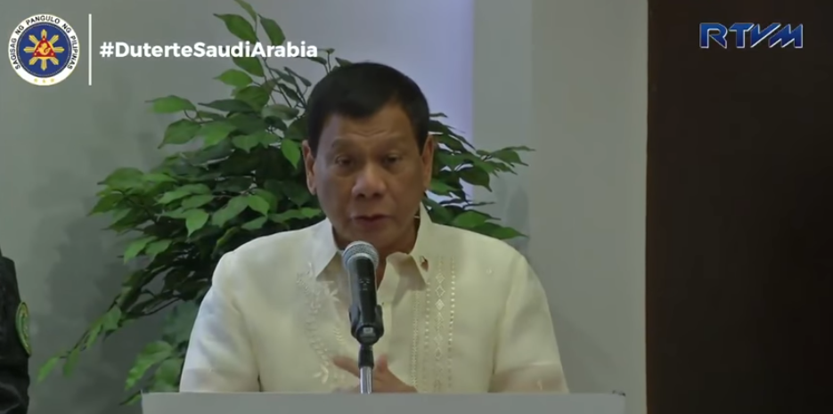 President Rodrigo Duterte addressing Saudi businessmen during his two-day state visit in the Middle Eastern country. Screenshot from RTVM video