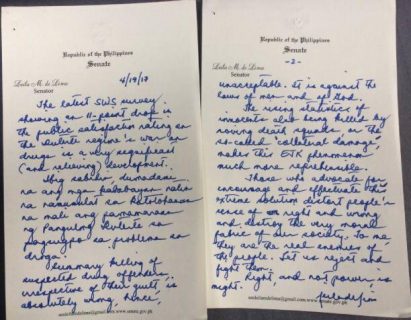 Handwritten notes by Senator Leila de Lima, who is detained in Camp Crame in connection with drug cases filed against her at the Muntinlupa Regional Trial Court. /From the Office of Senator Leila de Lima/