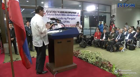 President Rodrigo Duterte arrives from his Middle East trip early Monday, and addresses an audience of mostly repatriated OFWs at the NAIA Terminal 1 (Eagle News Service, Photo grabbed from RTVM video)