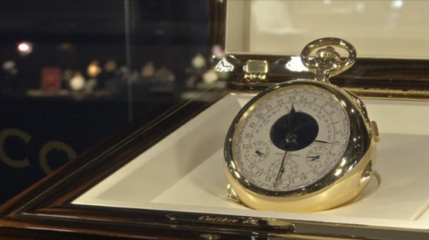 A watch made by Patek Philppe is previewed at Sotheby's in Hong Kong ahead of its auction in Geneva.(photo grabbed from Reuters video)