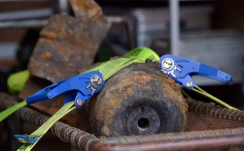 A defused World War II bomb which was found alongside the railway line near Berlin's central railway station, the Hauptbahnhof is picturesd after it was removed on April 3, 2013. The discovery of an unexploded 100-kilogramme World War II bomb unearthed near Berlin's main train station snarled rail and road traffic in the German capital authorities said.   AFP PHOTO / JOHANNES EISELE / AFP PHOTO / JOHANNES EISELE