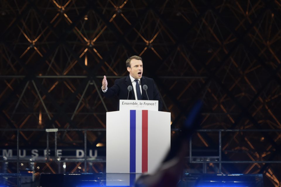 French president-elect Emmanuel Macron delivers a speech in front of the Pyramid at the Louvre Museum in Paris on May 7, 2017, following the announcement of the results of the second round of the French presidential election. Emmanuel Macron was elected French president on May 7, 2017 in a resounding victory over far-right Front National (FN - National Front) rival after a deeply divisive campaign. / AFP PHOTO / Eric FEFERBERG