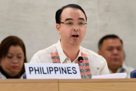 Philippines' Senator Alan Peter Cayetano speaks during the universal periodic review of the Philippines by the Office of the United Nations High Commissioner for Human Rights (OHCHR) on May 8, 2017 at the UN offices in Geneva. ???????? The Philippines' record is reviewed by the UN human rights council for the first time since the inauguration of President Rodrigo Duterte, who has been accused of massive violations in his so-called drug war. / AFP PHOTO / Fabrice COFFRINI