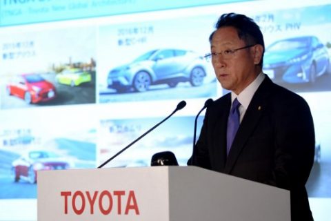 Akio Toyoda, president of Japan's auto giant Toyota Motor, speaks at a press conference to announce its 2017 financial results at the head office in Tokyo on May 10, 2017. Toyota said on May 10 its annual net profit fell for the first time in five years, with the Japanese automaker unexpectedly warning of more declines as a stronger yen takes a bite out of its bottom line. / AFP PHOTO / Toru YAMANAKA