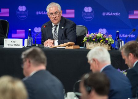 US Secretary of State Rex Tillerson speaks during the plenary session of the Arctic Council meeting in Fairbanks, Alaska, on May 11, 2017. / AFP PHOTO / NICHOLAS KAMM