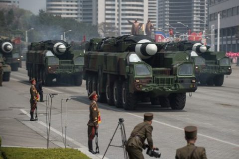 This picture taken on April 15, 2017 shows an unidentified rocket, reported to be a Hwasong-type missile similar to the one used in a May 14, 2017 test launch, at a military parade in Pyongyang. North Korea said May 15, 2017 it had successfully tested a new type of rocket in its latest missile launch, as analysts said it showed an unprecedented range that brought US bases in the Pacific within reach. The launch was of a "new ground-to-ground medium long-range strategic ballistic rocket" named the Hwasong-12, the official Korea Central News Agency (KCNA) said. / AFP PHOTO / Ed JONES