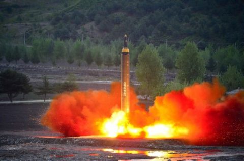 This picture taken on May 14, 2017 and released from North Korea's official Korean Central News Agency (KCNA) on May 15 shows a test launch of the ground-to-ground medium long-range strategic ballistic rocket Hwasong-12 at an undisclosed location. / AFP PHOTO / KCNA VIA KNS / STR / South Korea OUT / REPUBLIC OF KOREA OUT ---EDITORS NOTE--- RESTRICTED TO EDITORIAL USE - MANDATORY CREDIT "AFP PHOTO/KCNA VIA KNS" - NO MARKETING NO ADVERTISING CAMPAIGNS - DISTRIBUTED AS A SERVICE TO CLIENTS THIS PICTURE WAS MADE AVAILABLE BY A THIRD PARTY. AFP CAN NOT INDEPENDENTLY VERIFY THE AUTHENTICITY, LOCATION, DATE AND CONTENT OF THIS IMAGE. THIS PHOTO IS DISTRIBUTED EXACTLY AS RECEIVED BY AFP. /