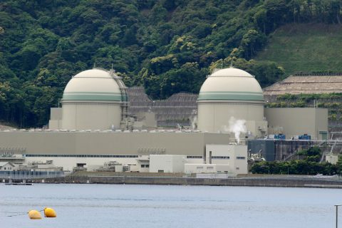 This picture shows the No 4 reactor (R) of the Kansai Electric Power Takahama nuclear plant in Fukui Prefecture on May 17, 2017. A Japanese utility on May 17 switched on a nuclear reactor, the latest to come back in service despite deep public opposition in the aftermath of the Fukushima crisis. / AFP PHOTO / JIJI PRESS / STR / Japan OUT