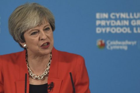 Britain's Prime Minister Theresa May speaks during a launch event for the Welsh Conservative general election manifesto at Gresford Memorial Hall in the village of Gresford, near Wrexham, North Wales, on May 22, 2017. Britain goes to the polls on June 8 to elect a new parliament in a general election. / AFP PHOTO / Paul ELLIS