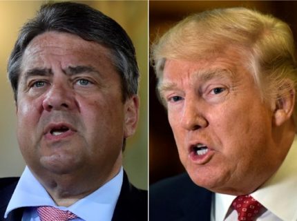 (FILES) - (COMBO) This combination of file photos created on January 16, 2017 shows then US President-elect Donald Trump (R, January 9, 2017 in New York) and German Vice-Chancellor Sigmar Gabriel (May 24, 2016 in Meseberg). US President Donald Trump's actions have "weakened" the West, Gabriel, now German Foreign Minister, said on May 29, 2017, while also charging that Trump's "short-sighted" policies hurt EU interests. / AFP PHOTO / Timothy A. CLARY AND Tobias SCHWARZ