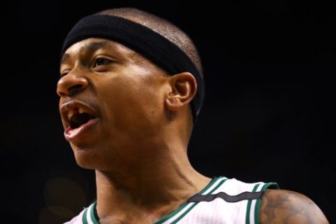 BOSTON, MA - APRIL 30: Isaiah Thomas #4 of the Boston Celtics reacts during the second quarter of Game One of the Eastern Conference Semifinals against the Washington Wizards at TD Garden on April 30, 2017 in Boston, Massachusetts. Thomas lost his front tooth after colliding with Otto Porter Jr. #22. NOTE TO USER: User expressly acknowledges and agrees that, by downloading and or using this Photograph, user is consenting to the terms and conditions of the Getty Images License Agreement. Maddie Meyer/Getty Images/AFP