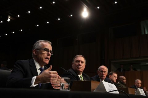 WASHINGTON, DC - MAY 11: The heads of the United States intelligence agencies (L-R) Acting FBI Director Andrew McCabe, Central IntelligenceæAgency Director Mike Pompeo, Director of National Intelligence Daniel Coats, National Security Agency Director Adm. Michael Rogers, Defense Intelligence Agency Director Lt. Gen. Vincent Stewart and National Geospatial-Intelligence Agency Director Robert Cardillo testifiy before the Senate Intelligence Committee in the Hart Senate Office Building on Capitol Hill May 11, 2017 in Washington, DC. The intelligence officials were questioned by the committee during the annual hearing about world wide threats to United States' security. Alex Wong/Getty Images/AFP