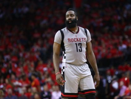 HOUSTON, TX - MAY 11: James Harden #13 of the Houston Rockets looks on against the San Antonio Spurs during Game Six of the NBA Western Conference Semi-Finals at Toyota Center on May 11, 2017 in Houston, Texas. NOTE TO USER: User expressly acknowledges and agrees that, by downloading and or using this photograph, User is consenting to the terms and conditions of the Getty Images License Agreement. Ronald Martinez/Getty Images/AFP