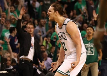 BOSTON, MA - MAY 15: Kelly Olynyk #41 of the Boston Celtics reacts against the Washington Wizards during Game Seven of the NBA Eastern Conference Semi-Finals at TD Garden on May 15, 2017 in Boston, Massachusetts. NOTE TO USER: User expressly acknowledges and agrees that, by downloading and or using this photograph, User is consenting to the terms and conditions of the Getty Images License Agreement. Elsa/Getty Images/AFP