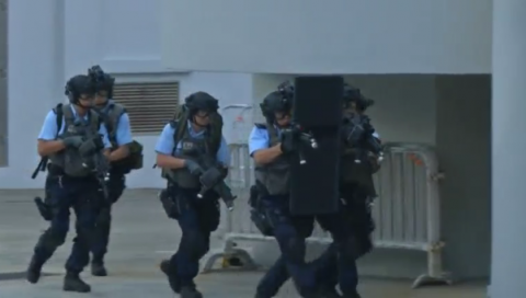 Hong Kong police units were put to the test in an anti-terror drill performed in front of media and senior police on Thursday (May 11).(photo grabbed from Reuters video)