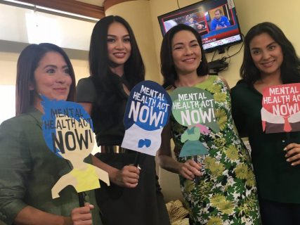 Senator Risa Hontiveros, sponsor of the National Mental Health Act, and mental health advocates Miss International 2016 Kylie Verzosa, Antoinette Taus and Jerika Ejercito