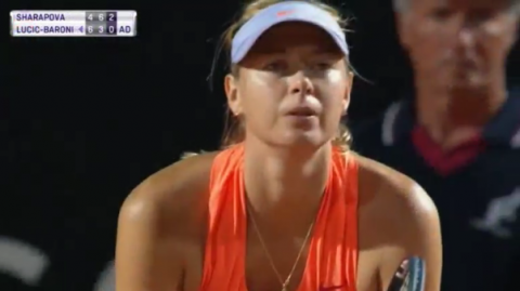 Triple champion Maria Sharapova retired injured from her second round match with Croatia's Mirjana Lucic-Baroni at the Italian Open on Tuesday (May 16), ending her hopes of qualifying on merit for Wimbledon's main draw.(photo grabbed from Reuters video)