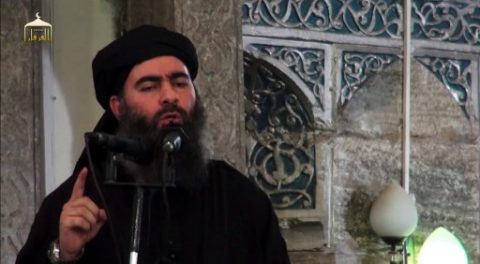 (FILES) This image grab taken from a propaganda video released on July 5, 2014 by al-Furqan Media allegedly shows the leader of the Islamic State (IS) jihadist group, Abu Bakr al-Baghdadi, aka Caliph Ibrahim, adressing Muslim worshippers at a mosque in the militant-held northern Iraqi city of Mosul. The Russian army on June 16, 2017 said it had struck a meeting of Islamic State leaders in Syria on May 28 and was trying to verify whether the group's leader had been killed, news agencies said on Friday. In a statement, the army said the attack took place near the IS stronghold of Raqa "which was also attended by IS leader Abu Bakr al-Baghdadi," the media reported, adding that the military was trying verify "by various means" whether he had been killed. / AFP PHOTO / AL-FURQAN MEDIA / -