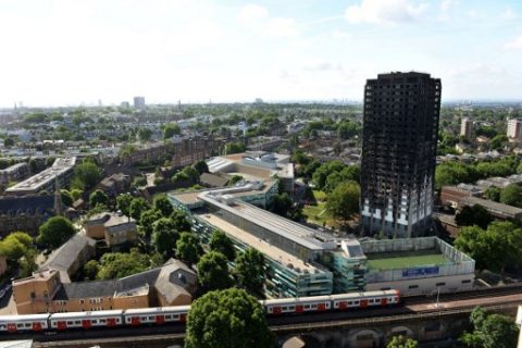 The remains of Grenfell Tower, a residential tower block in west London which was gutted by fire, are pictured against the London skyline on June 16, 2017. The toll from the London tower block fire has risen to at least 30 people dead and the flames have now been extinguished, police said on June 16, 2017. / AFP PHOTO / CHRIS J RATCLIFFE