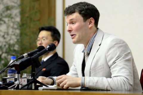 (FILES) This file photo taken on February 29, 2016 and released by North Korea's official Korean Central News Agency (KCNA) on March 1, 2016 shows US student Otto Frederick Warmbier (R), who was arrested for committing hostile acts against North Korea, speaking at a press conference in Pyongyang.   US student, Otto Frederick Warmbier, evacuated from North Korea has died on June 19, 2017 according to his family. / AFP PHOTO / KCNA / Handout / North Korea OUT / REPUBLIC OF KOREA OUT --- RESTRICTED TO EDITORIAL USE - MANDATORY CREDIT "AFP PHOTO / KCNA VIA KNS" - NO MARKETING NO ADVERTISING CAMPAIGNS - DISTRIBUTED AS A SERVICE TO CLIENTS THIS PICTURE WAS MADE AVAILABLE BY A THIRD PARTY. AFP CAN NOT INDEPENDENTLY VERIFY THE AUTHENTICITY, LOCATION, DATE AND CONTENT OF THIS IMAGE. THIS PHOTO IS DISTRIBUTED EXACTLY AS RECEIVED BY AFP. ---EDITORS NOTE--- RESTRICTED TO EDITORIAL USE - MANDATORY CREDIT "AFP PHOTO/KCNA VIA KNS" - NO MARKETING NO ADVERTISING CAMPAIGNS - DISTRIBUTED AS A SERVICE TO CLIENTS