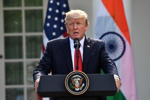 US President Donald Trump addresses a joint press conference with Indian Prime Minister Narendra Modi in the Rose Garden at The White House in Washington D.C on June 26, 2017. US President Donald Trump is hosting Indian Prime Minister Narendra Modi for a first face-to-face meeting, seeking to forge a chemistry that can add new fizz to a flourishing relationship between the world's two largest democracies. / AFP PHOTO / Nicholas Kamm