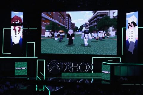 LOS ANGELES, CA - JUNE 11: Game footage of 'Minecraft' on the XBox One X is displayed during the Microsoft xBox E3 briefing at the Galen Center on June 11, 2017 in Los Angeles, California. The E3 Game Conference begins on Tuesday June 13. Christian Petersen/Getty Images/AFP