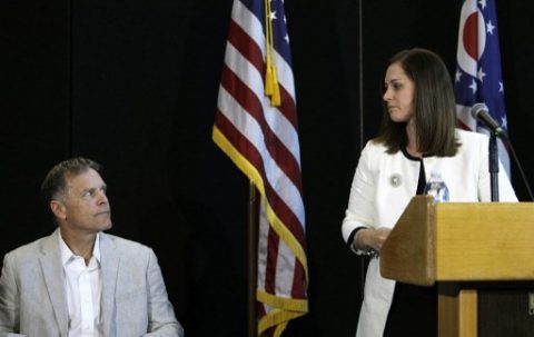 WYOMING, OH - JUNE 15: Fred Warmbier (left), father of Otto Warmbier, the 22-year-old college student who was released from a North Korean prison on Tuesday, listens to Kelly Martin, Senior Director of Communication University of Cincinnati Medical center, update the media on his son's condition at a press conferenceJune 15, 2017 in Wyoming, Ohio. Otto Warmbier spent 17 months in a North Korean prison after being sentenced to 15 years for allegedly attempting to steal a propaganda poster. Warmbier is currently in a coma at the University of Cincinnati Medical Center. Bill Pugliano/Getty Images/AFP