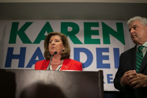 ATLANTA, GA - JUNE 20: Georgia's 6th Congressional district Republican candidate Karen Handel and husband, Steve Handel, address supporters gathered at Hyatt Regency at Villa Christina on June 20, 2017 in Atlanta, Georgia. Republican Karen Handel and Democrat Jon Ossoff are running against each other in a special election to fill the congressional seat vacated by Secretary of Health and Human Services Tom Price. Jessica McGowan/Getty Images/AFP