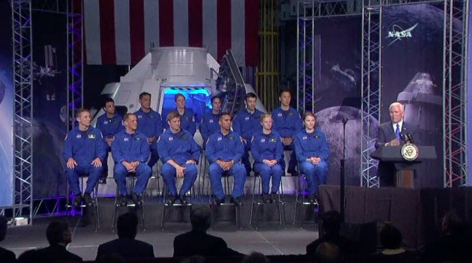 U.S. Vice President Mike Pence congratulated America's newest astronaut candidates at the Johnson Space Center in Houston on Wednesday (June 7). Photo grabbed from Reuters video file.