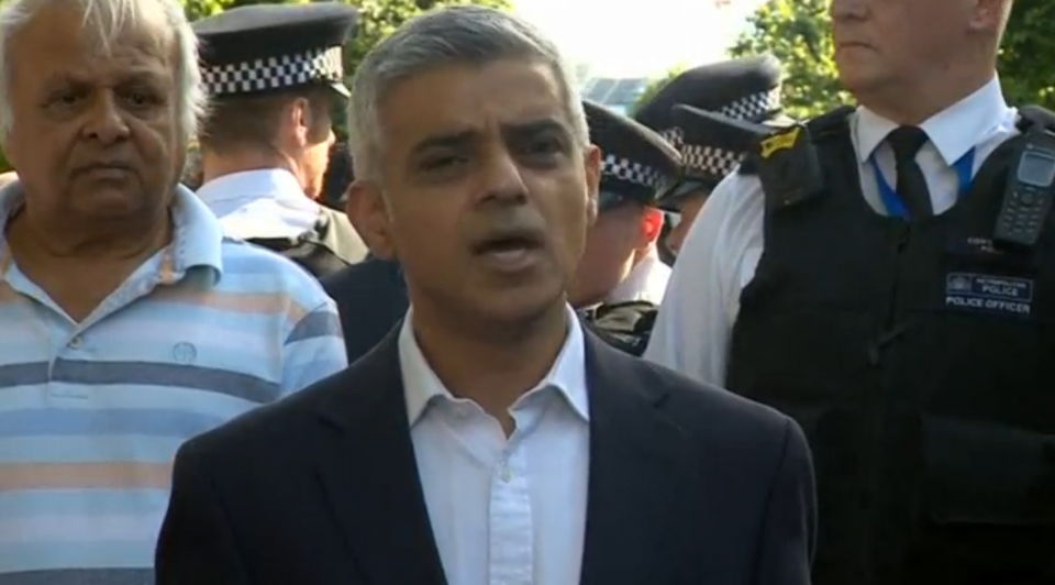 London’s Mayor Sadiq Khan was heckled by residents on Thursday (June 15) as he spoke during a visit to the scene of a fire that gutted a 24-storey apartment block killing at least 17 people. Photo grabbed from Reuters video file.