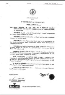 June 26, 2017 regular holiday